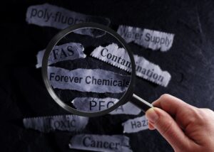 Newspaper clippings of words associated with PFAS and PFOA including toxic, cancer, and forever chemicals